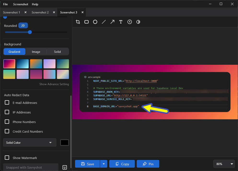 Savvyshot screenshot editor interface showing a captured code snippet with syntax highlighting and formatting options in a clean, modern editor window. The interface includes annotation tools, redaction controls, and export buttons arranged in a developer-friendly toolbar. The screenshot demonstrates how code documentation can be captured and edited with professional formatting for technical documentation and tutorials.